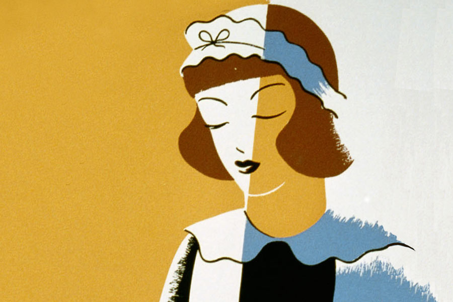A woman with a hat on her head.